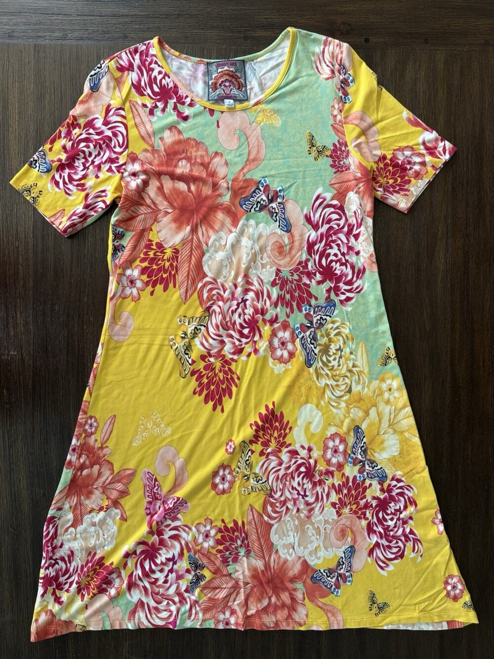 Johnny Was Dress Womens Small Yellow The Janie Favorite Cap Sleeve Floral Jersey